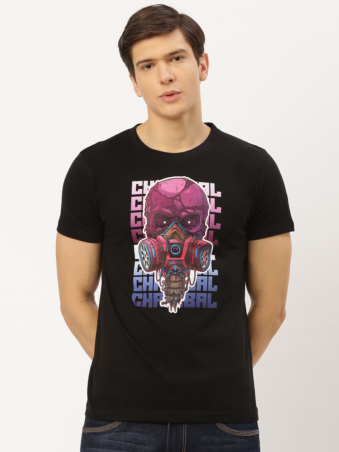 

THE CHAMBAL Men Black Pink Skull Printed Round Neck Pure Cotton T-shirt