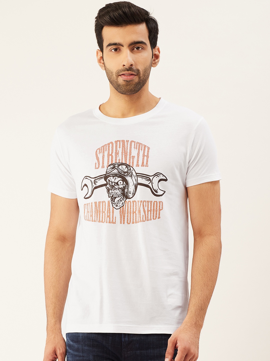 

THE CHAMBAL Men White & Beige Printed Round Neck T-shirt