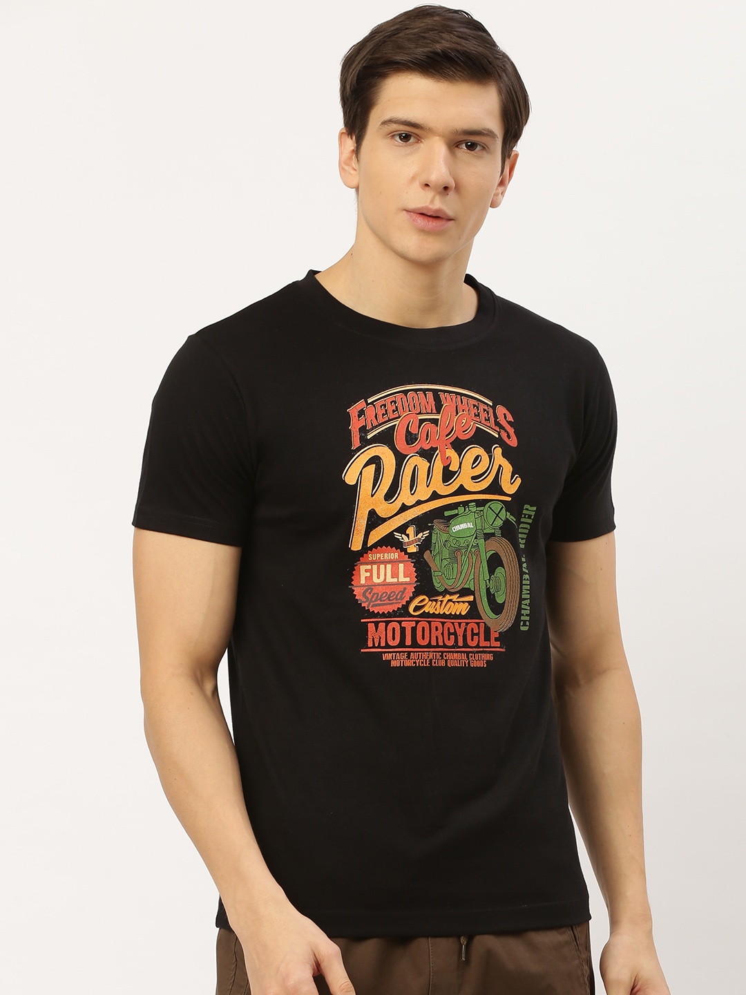 

THE CHAMBAL Men Black Red Biker Printed Round Neck Pure Cotton T-shirt