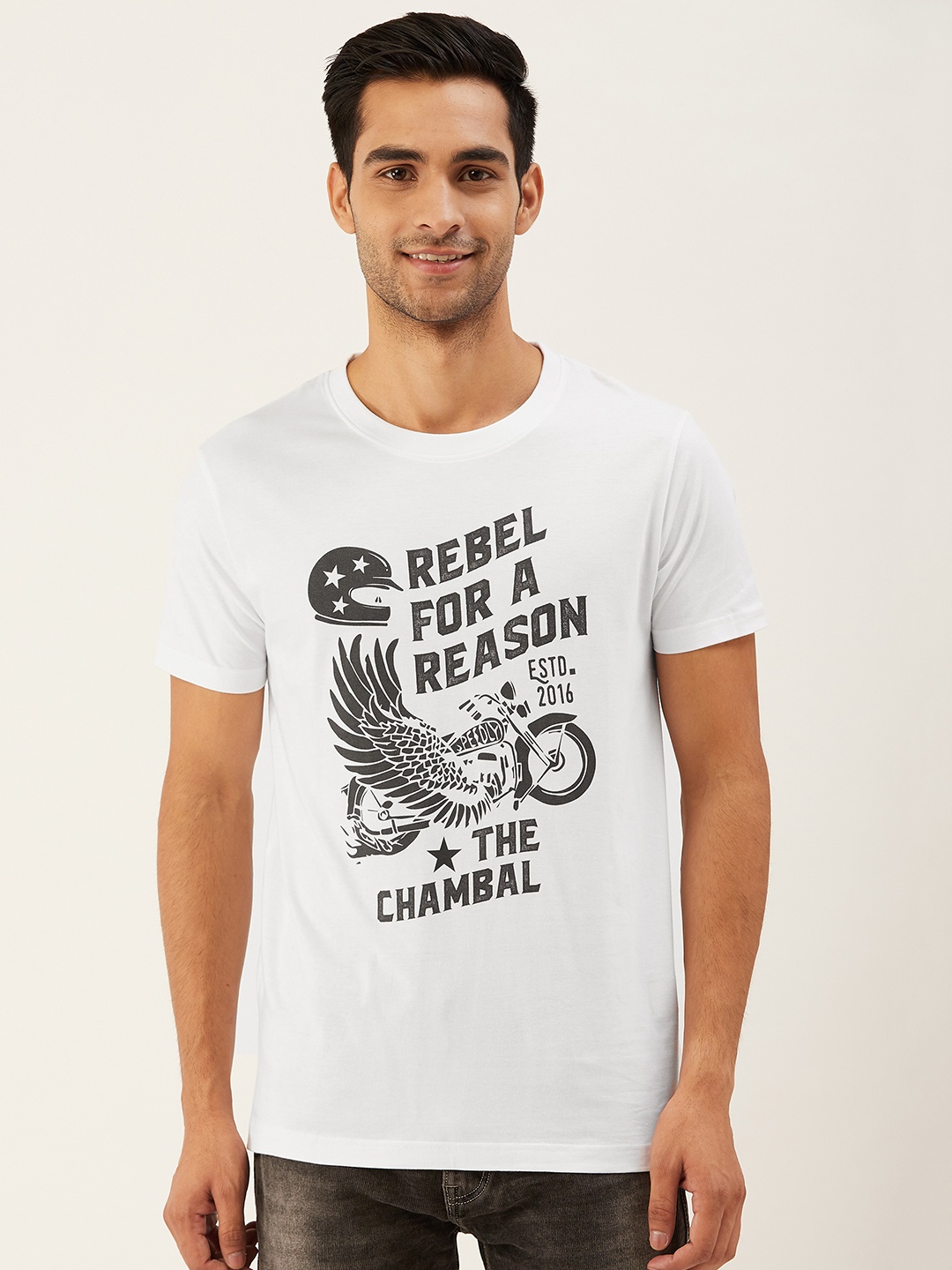 

THE CHAMBAL Men White Black Typography Print Round Neck Bio-Wash Pure Cotton T-shirt