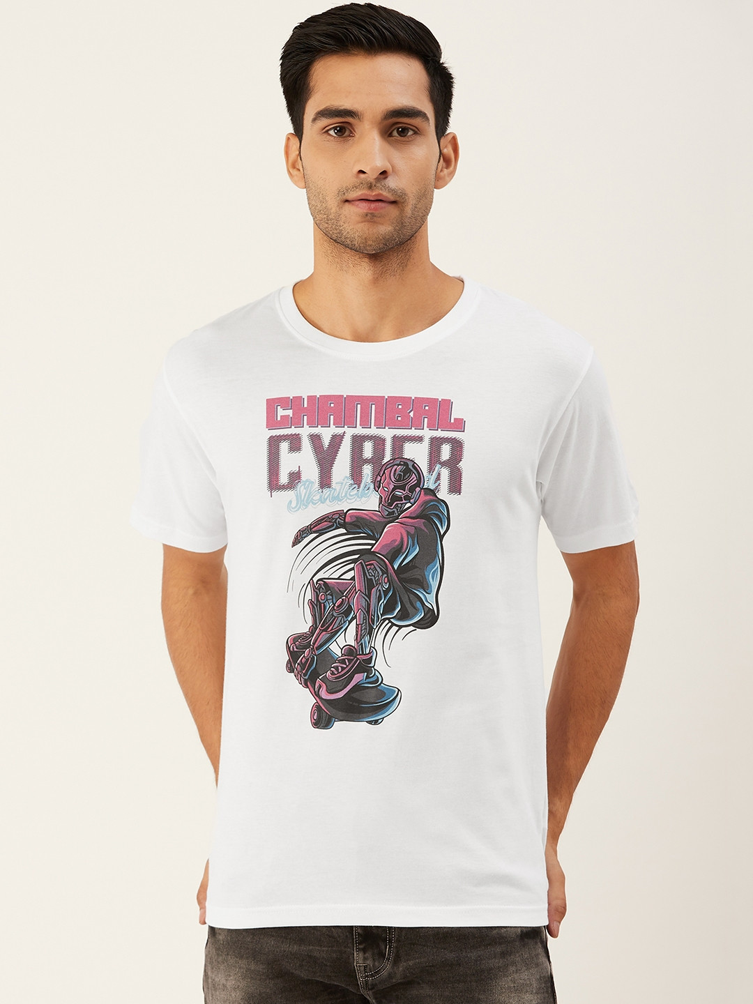 

THE CHAMBAL Men White Pink Graphic Print Round Neck Bio-Wash Pure Cotton T-shirt