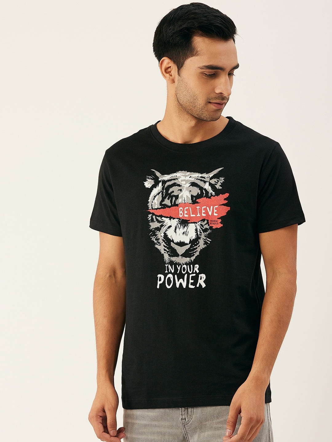 

THE CHAMBAL Men Black White Graphic Print Round Neck Bio-Wash Pure Cotton T-shirt