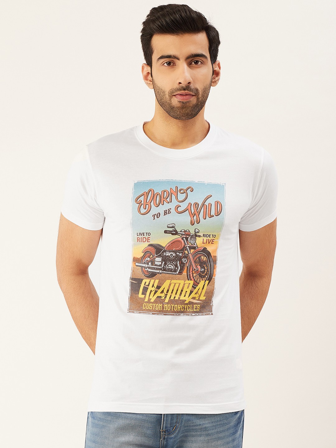 

THE CHAMBAL Men White & Yellow Printed Round Neck T-shirt