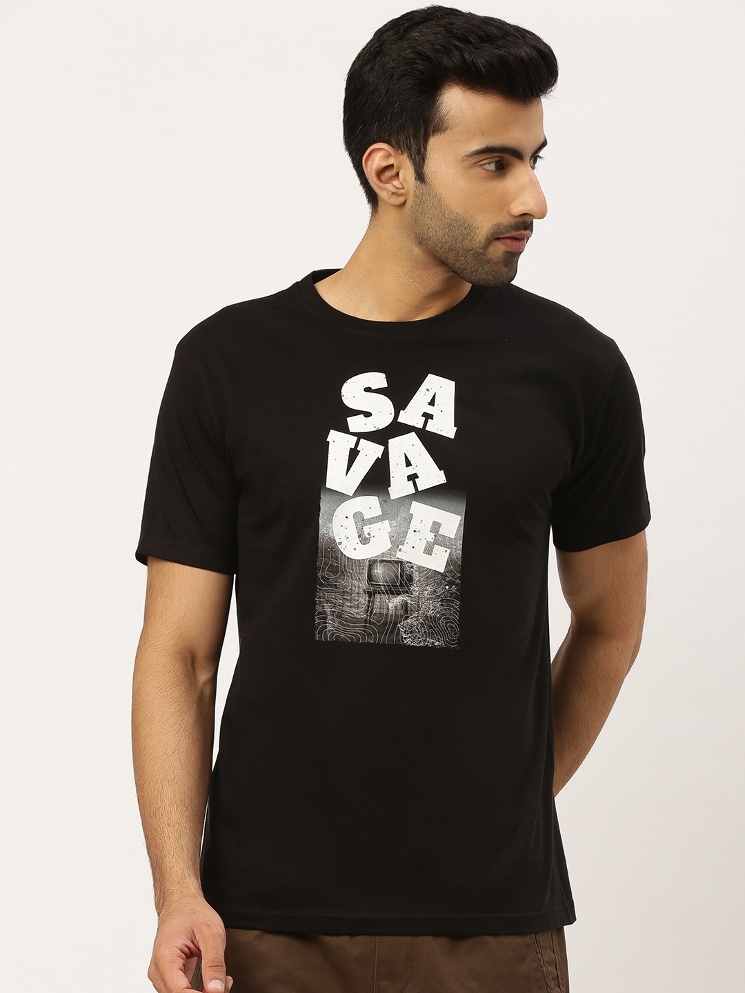 

THE CHAMBAL Men Black White Savage Print Round Neck Bio-Wash Pure Cotton T-shirt