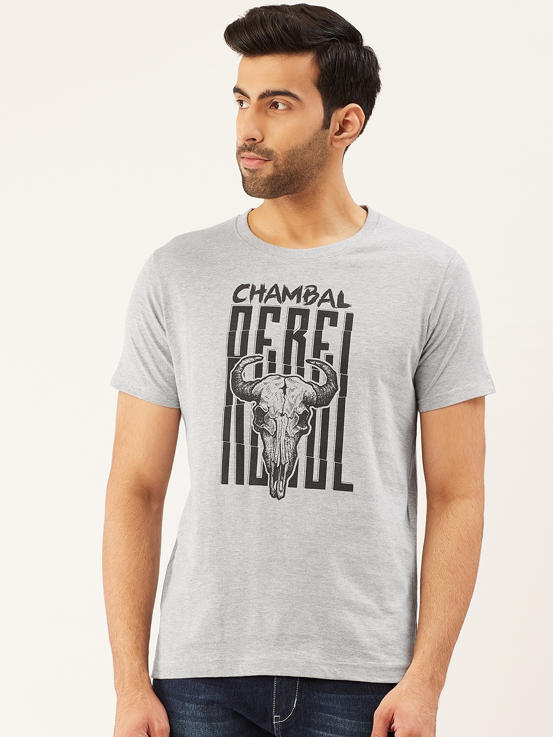 

THE CHAMBAL Men Grey Melange & Black Printed Round Neck T-shirt