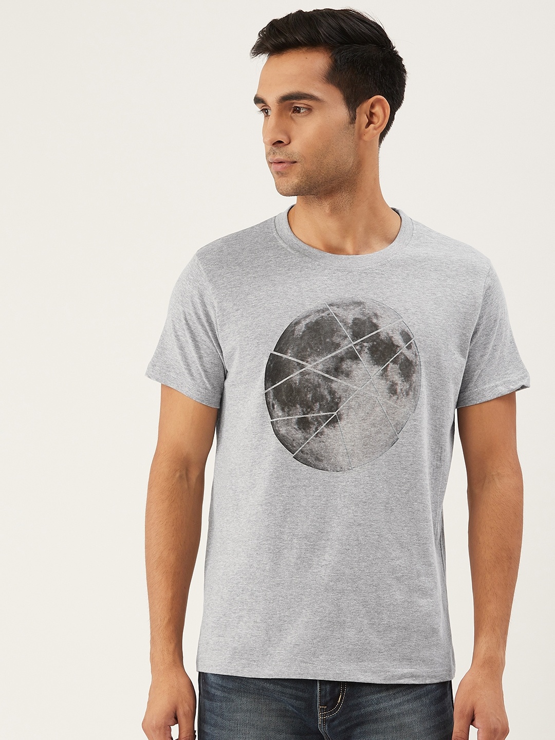 

THE CHAMBAL Men Grey Moon Print Round Neck Bio-Wash Pure Cotton T-shirt