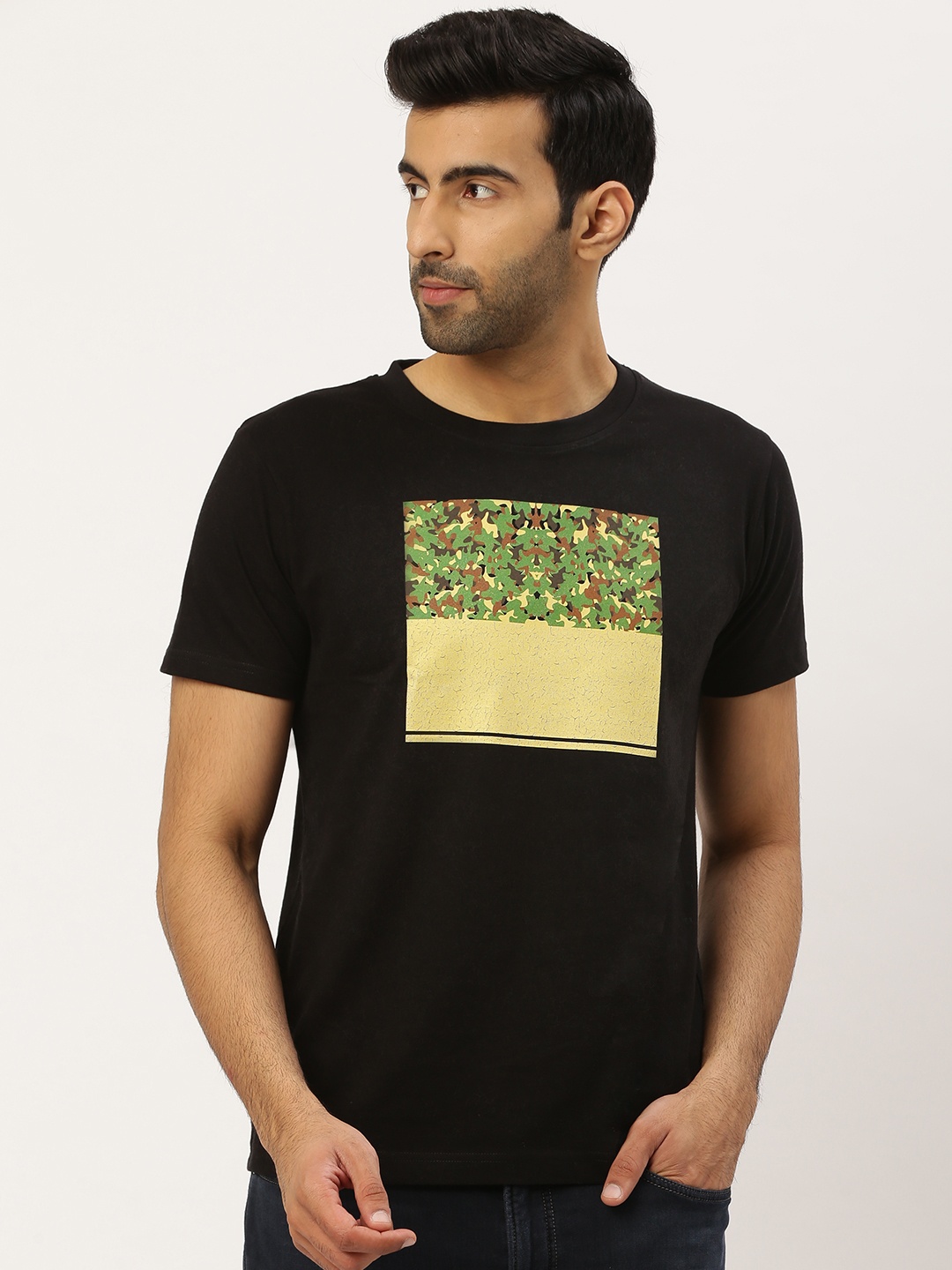 

THE CHAMBAL Men Black Yellow Camouflage Print Round Neck Bio-Wash Pure Cotton T-shirt