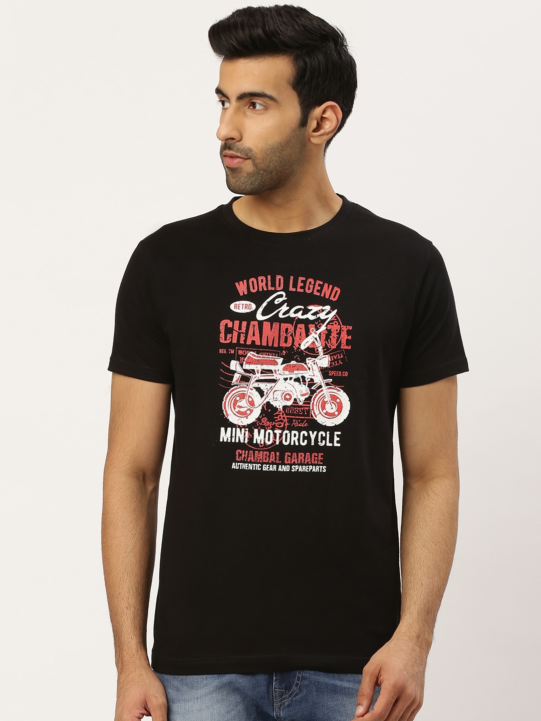 

THE CHAMBAL Men Black Red Typography Print Round Neck Bio-Wash Pure Cotton T-shirt