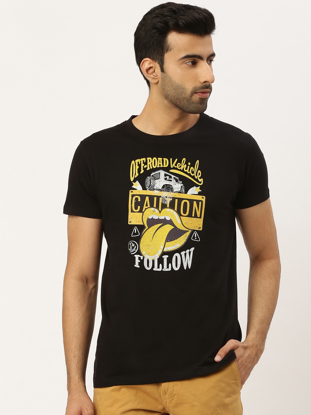 

THE CHAMBAL Men Black Yellow Typography Print Round Neck Bio-Wash Pure Cotton T-shirt