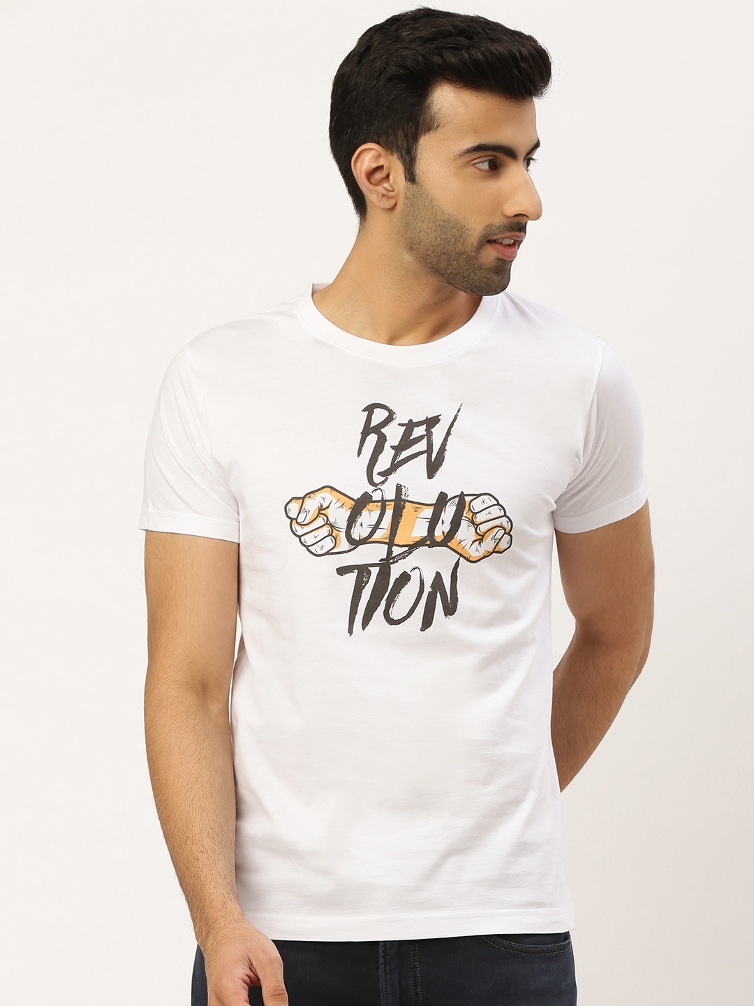 

THE CHAMBAL Men White Yellow Typography Print Round Neck Bio-Wash Pure Cotton T-shirt