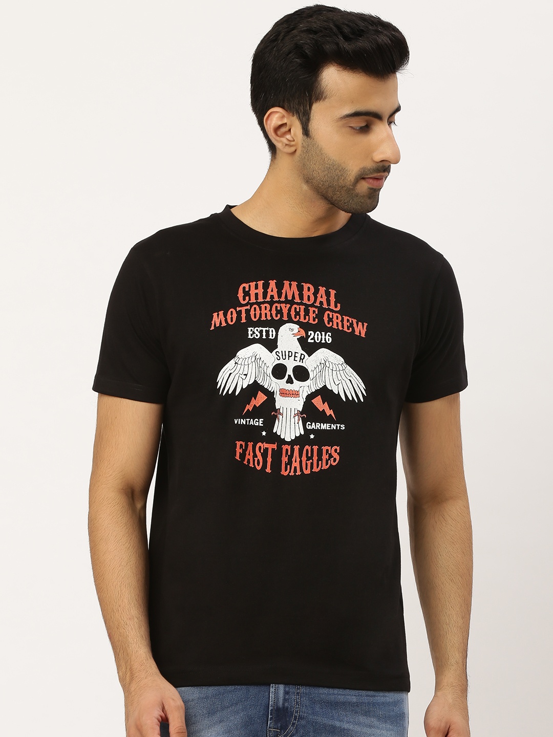 

THE CHAMBAL Men Black White Graphic Print Round Neck Bio-Wash Pure Cotton T-shirt