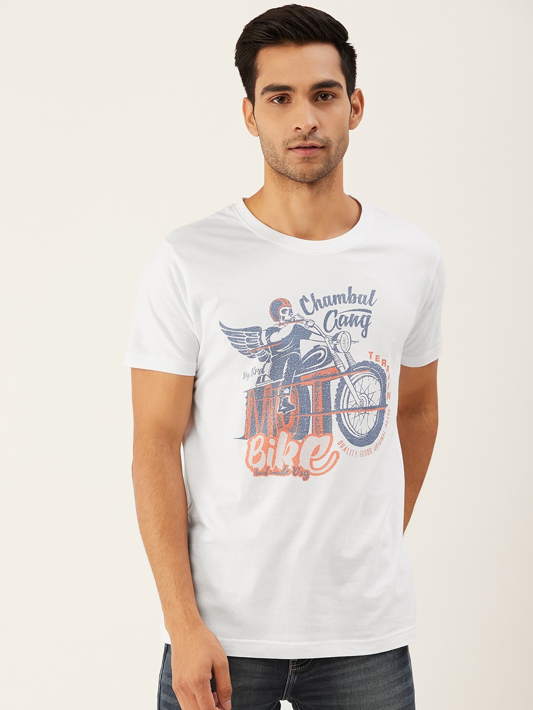 

THE CHAMBAL Men White Blue Graphic Print Round Neck Bio-Wash Pure Cotton T-shirt