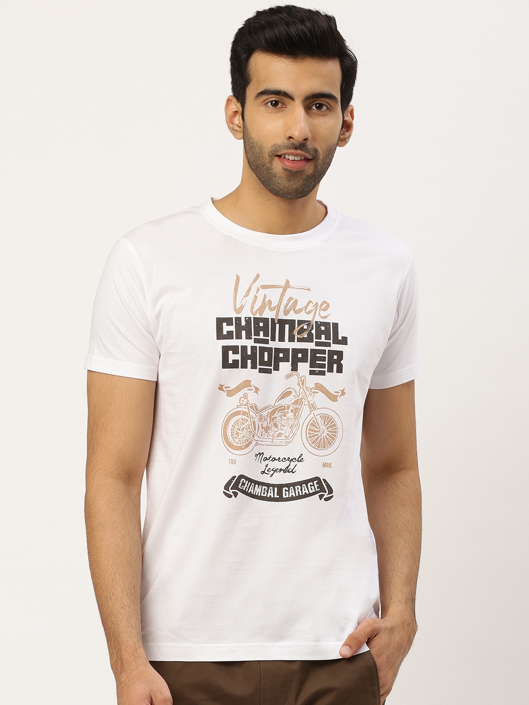 

THE CHAMBAL Men White Black Biker Typography Print Round Neck Bio-Wash Pure Cotton T-shirt