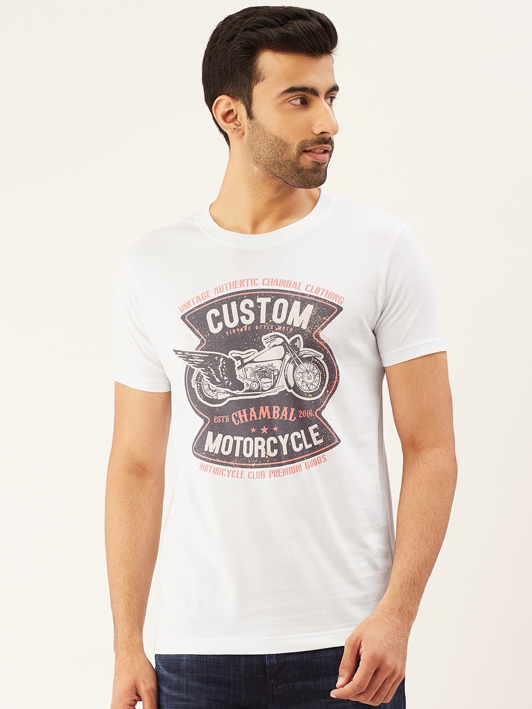 

THE CHAMBAL Men White Brown Printed Round Neck Pure Cotton T-shirt