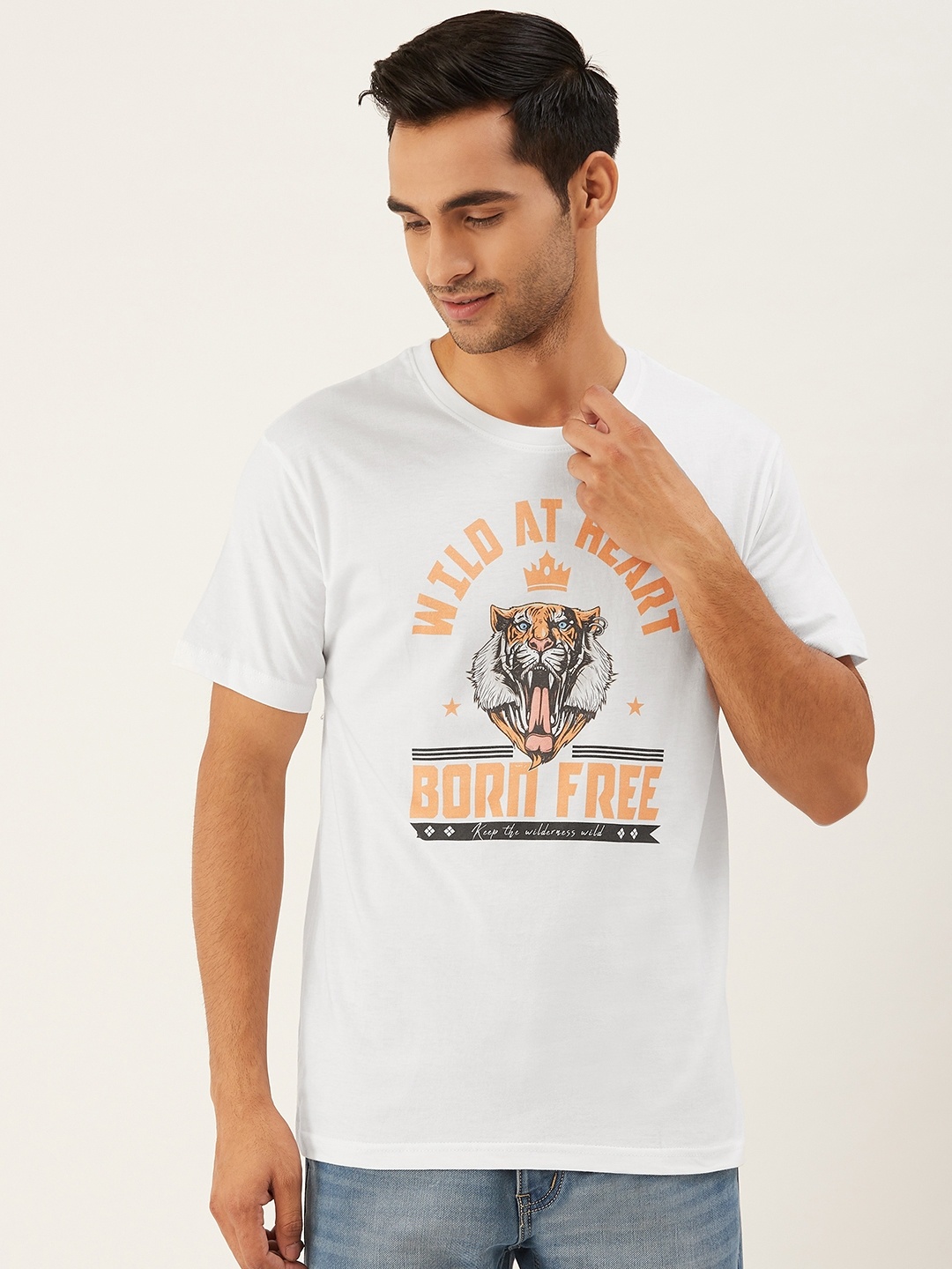 

THE CHAMBAL Men White Orange Graphic Print Round Neck Bio-Wash Pure Cotton T-shirt