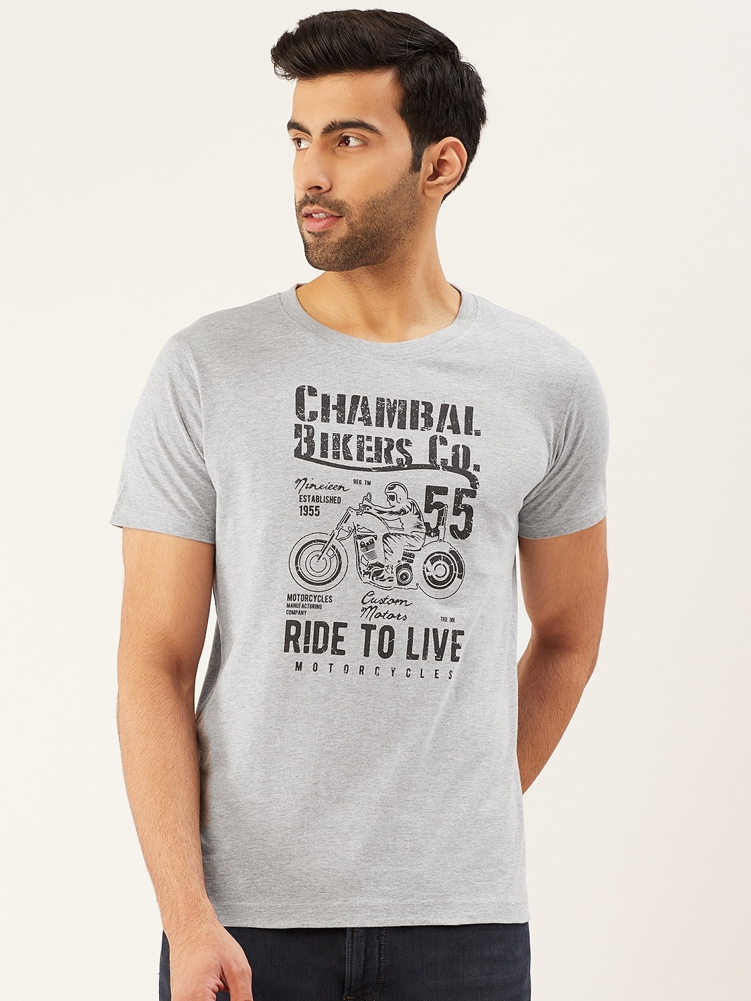 

THE CHAMBAL Men Grey Melange Black Printed Round Neck Pure Cotton T-shirt