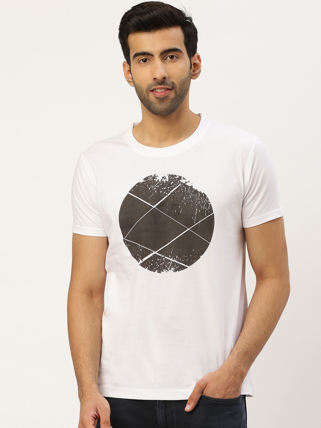 

THE CHAMBAL Men White Black Graphic Print Round Neck Bio-Wash Pure Cotton T-shirt