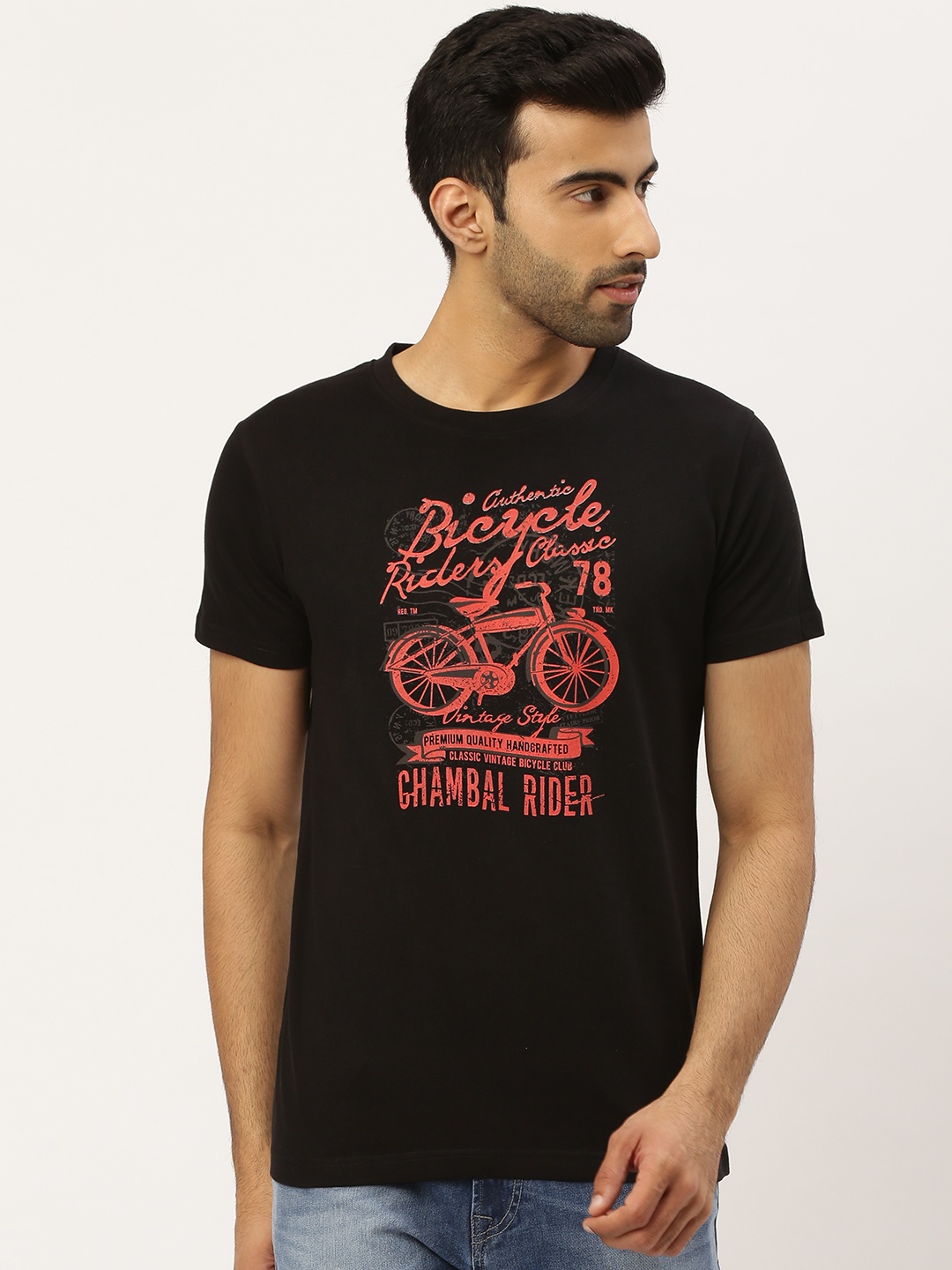 

THE CHAMBAL Men Black Red Graphic Print Round Neck Bio-Wash Pure Cotton T-shirt