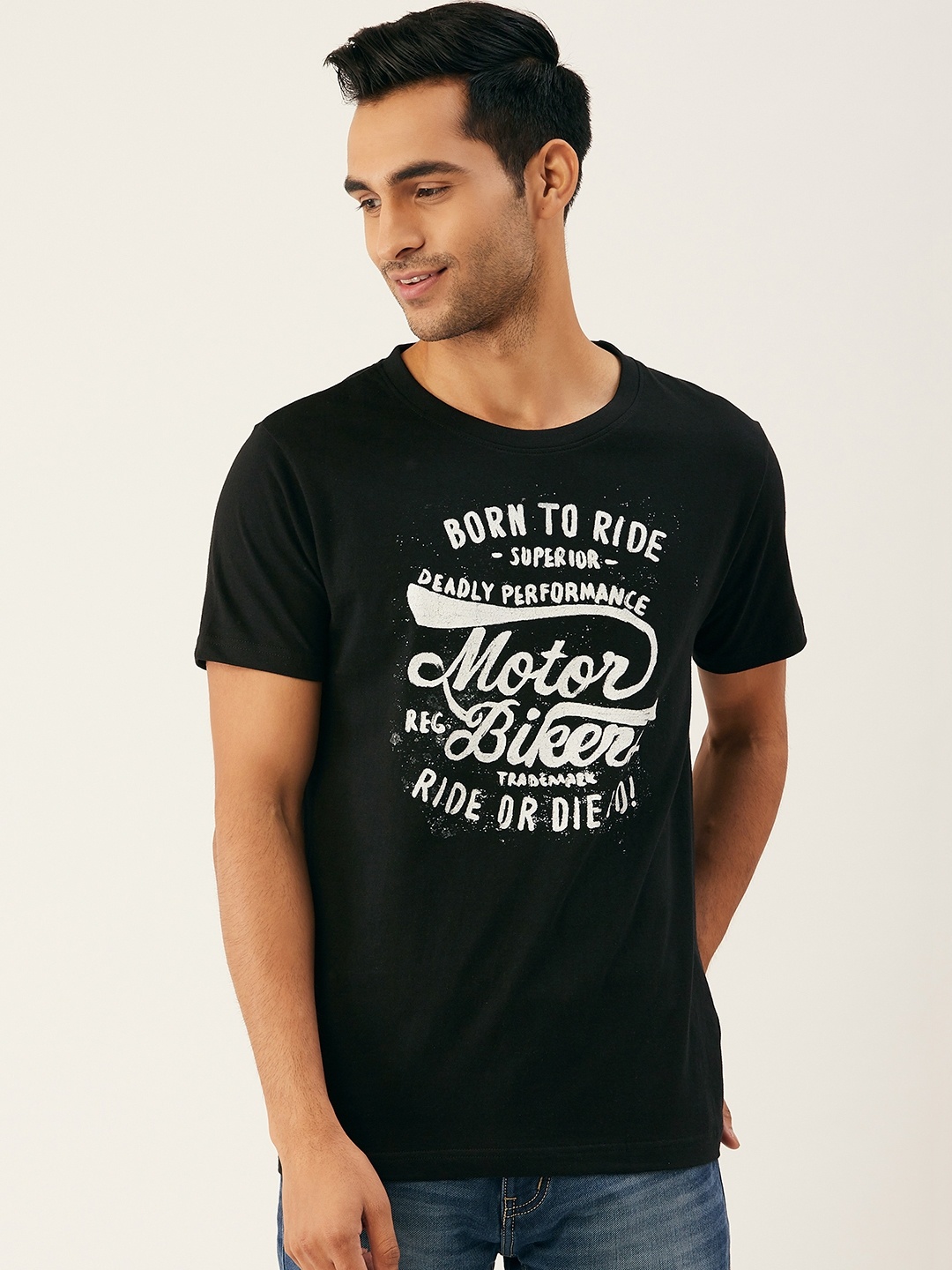 

THE CHAMBAL Men Black White Typography Print Round Neck Bio-Wash Pure Cotton T-shirt