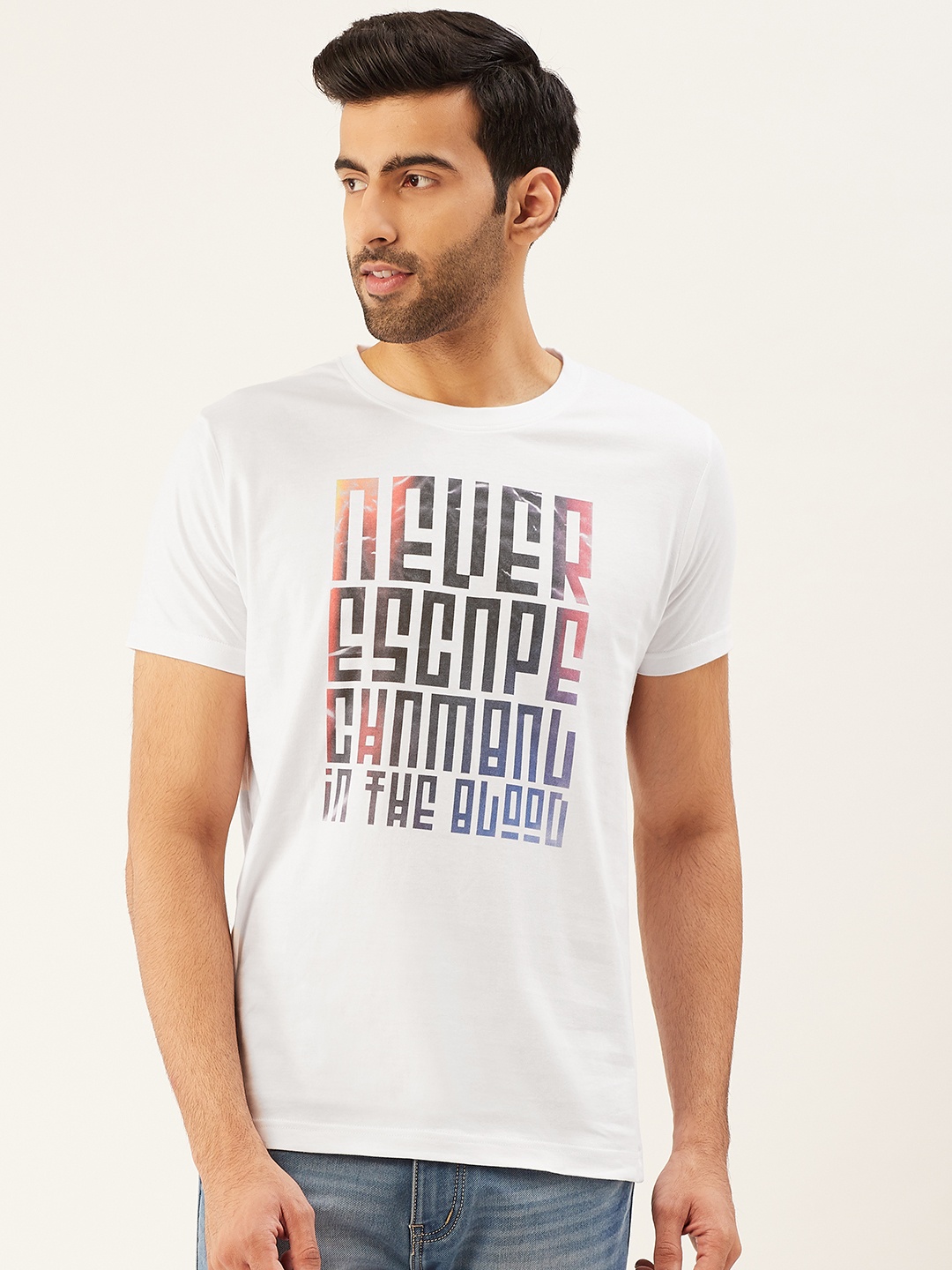

THE CHAMBAL Men White Blue Printed Round Neck Pure Cotton T-shirt