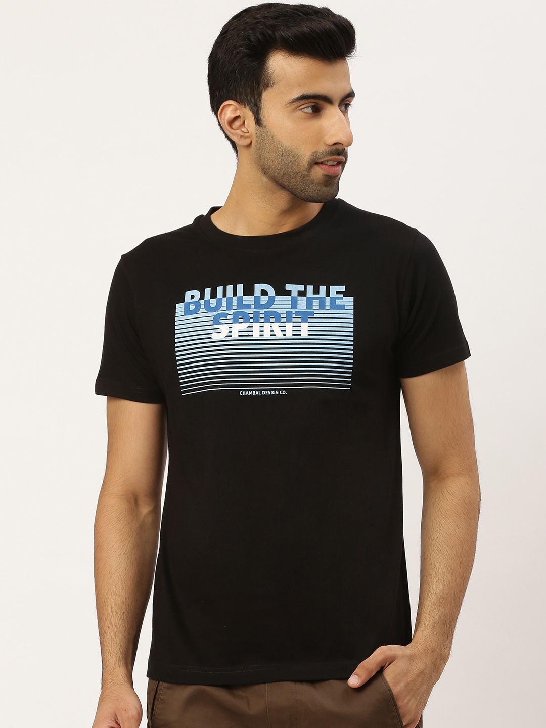 

THE CHAMBAL Men Black Blue Typography Print Round Neck Bio-Wash Pure Cotton T-shirt