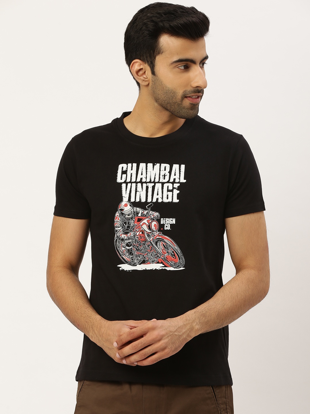 

THE CHAMBAL Men Black White Biker Typography Print Round Neck Bio-Wash Pure Cotton T-shirt