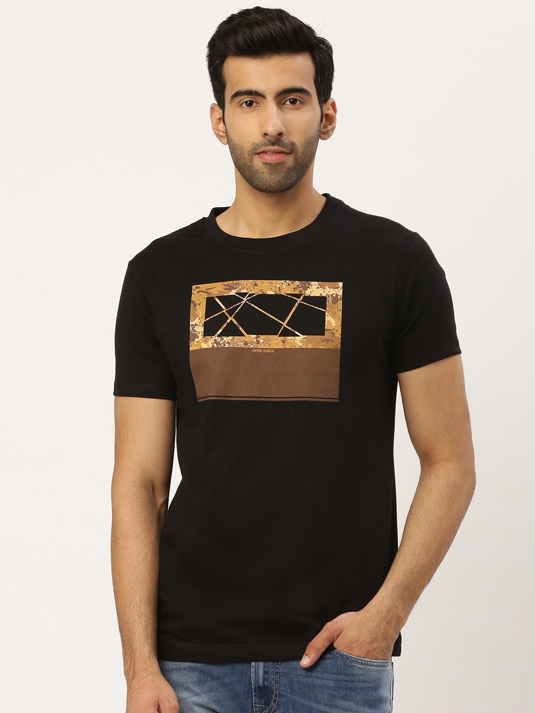 

THE CHAMBAL Men Black Brown Graphic Print Round Neck Bio-Wash Pure Cotton T-shirt