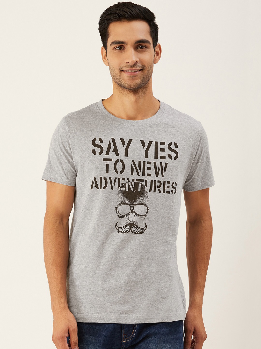 

THE CHAMBAL Men Grey Melange Black Typography Print Round Neck Bio-Wash Pure Cotton T-shirt