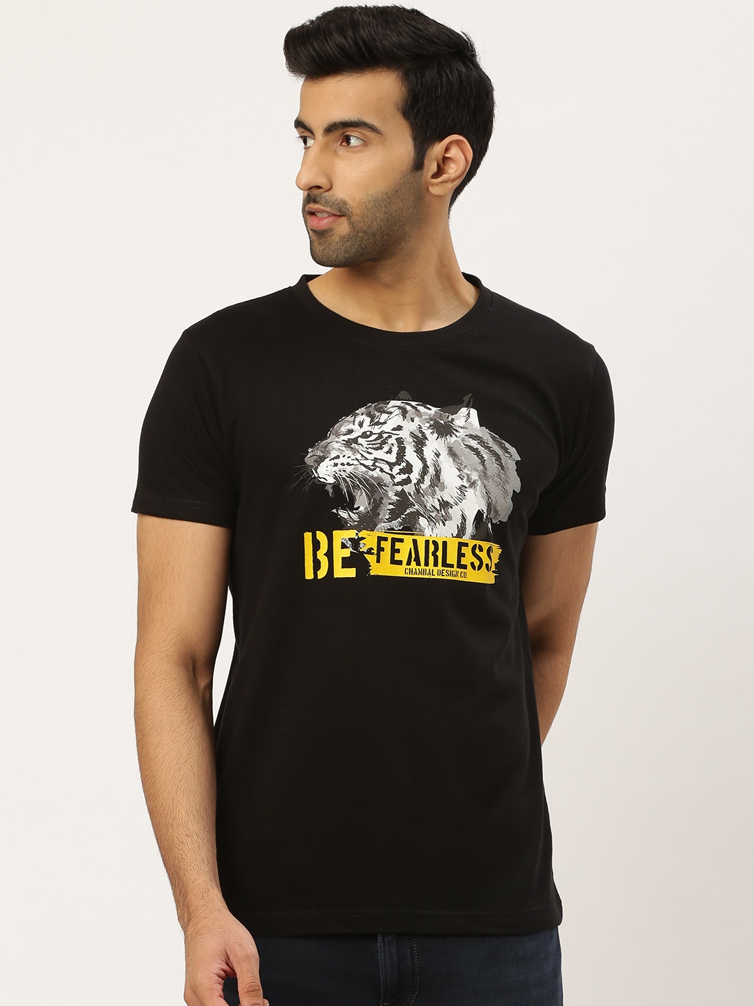 

THE CHAMBAL Men Black White Tiger Typography Print Round Neck Bio-Wash Pure Cotton T-shirt