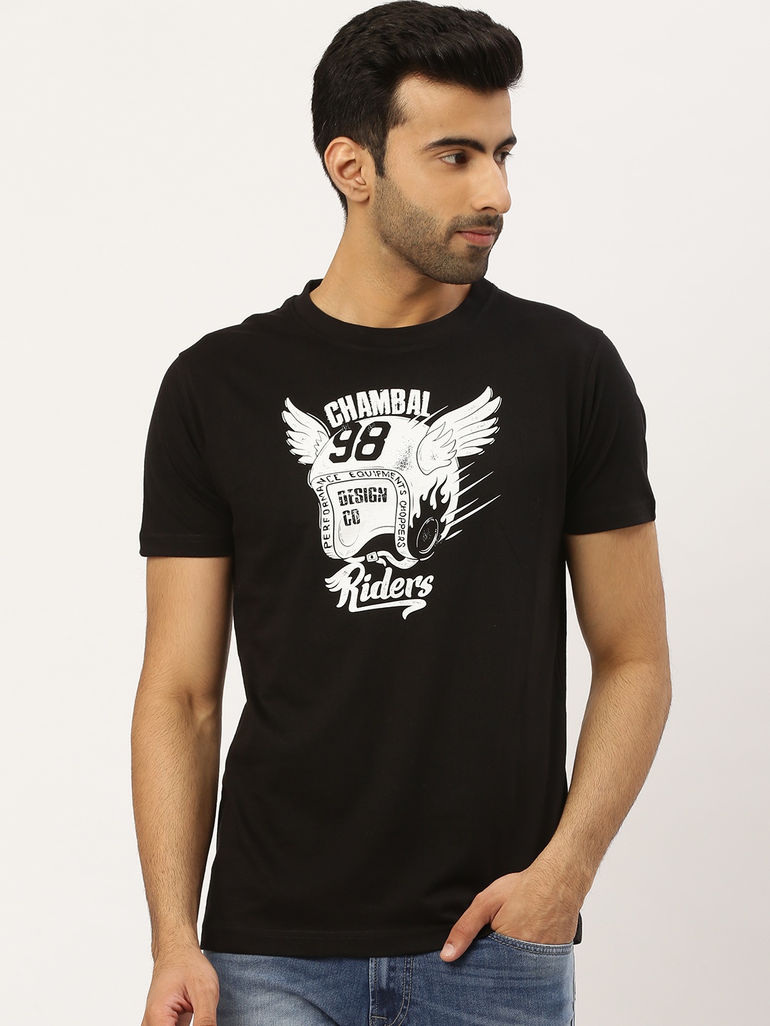 

THE CHAMBAL Men Black White Graphic Print Round Neck Bio-Wash Pure Cotton T-shirt