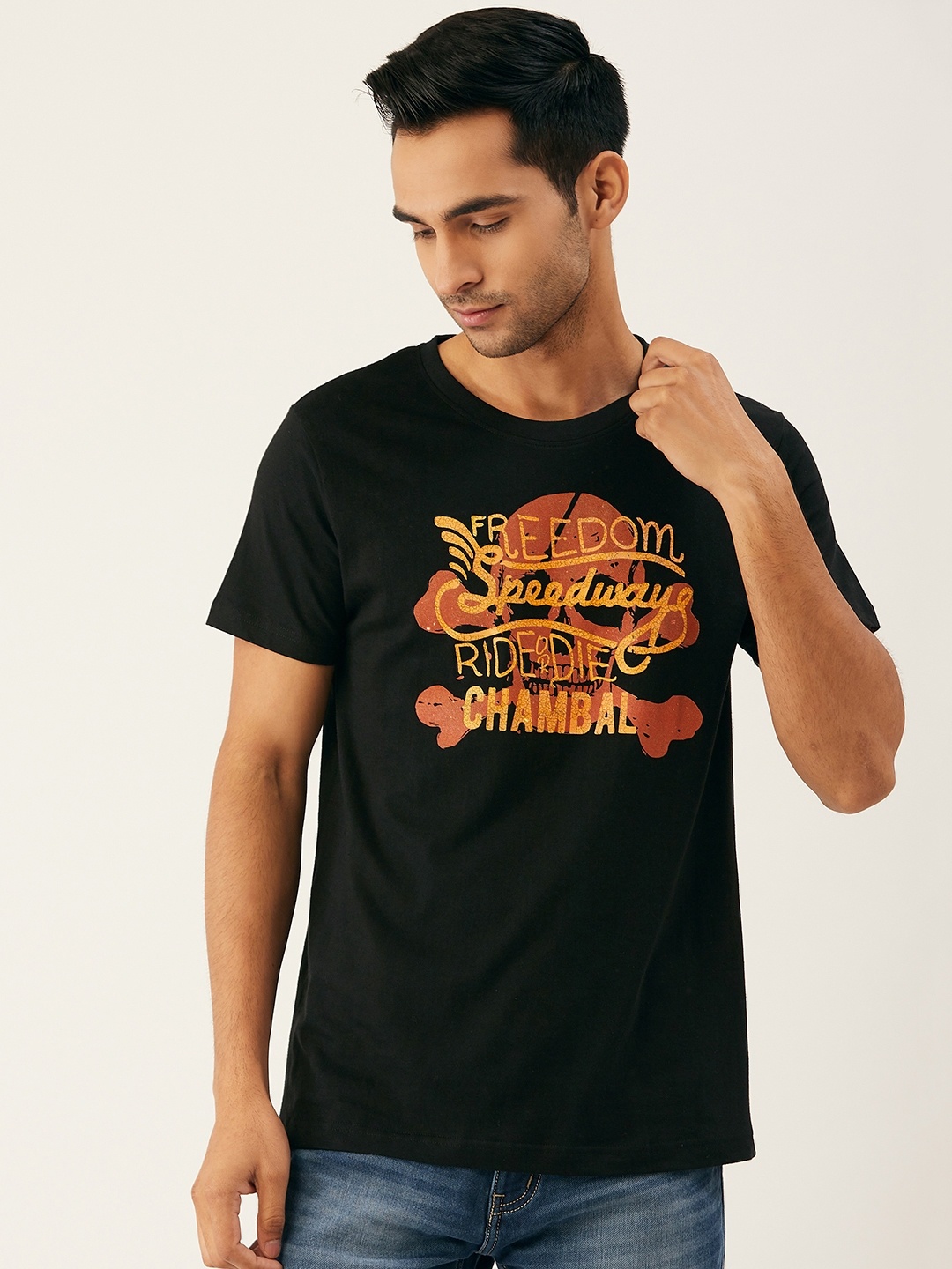 

THE CHAMBAL Men Black Orange Graphic Print Round Neck Bio-Wash Pure Cotton T-shirt
