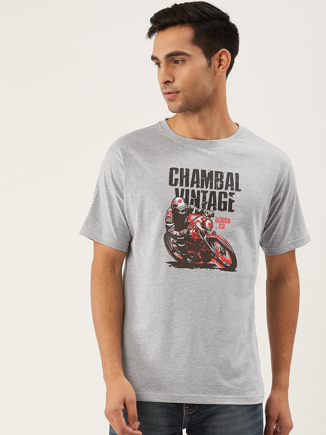 

THE CHAMBAL Men Grey Melange Black Typography Biker Print Round Neck Bio-Wash Pure Cotton T-shirt