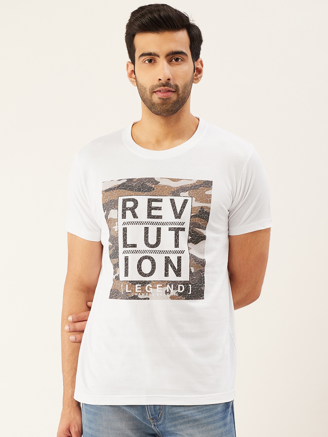 

THE CHAMBAL Men White Brown Printed Round Neck Pure Cotton T-shirt