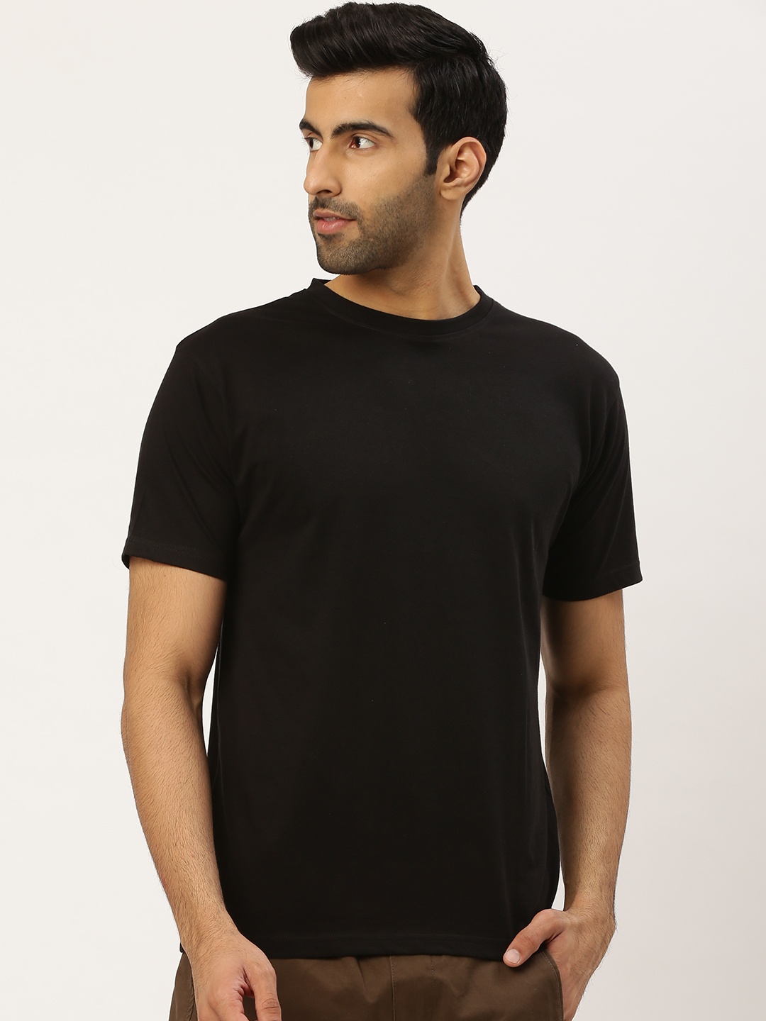 

THE CHAMBAL Men Black Solid Round Neck Bio-Wash Pure Cotton T-shirt