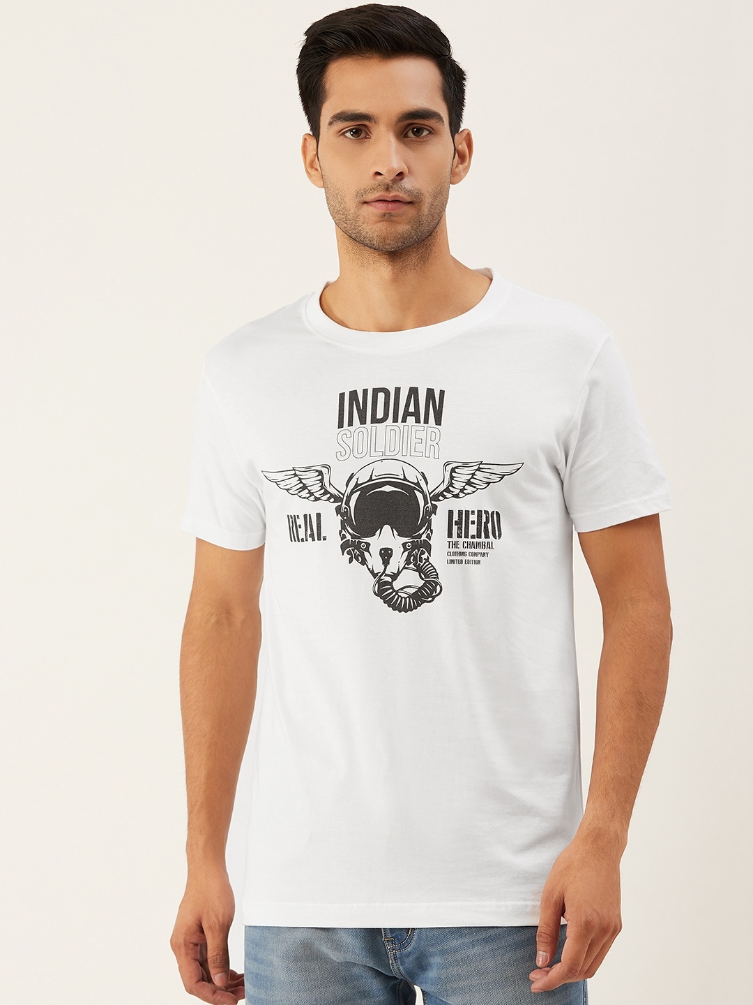 

THE CHAMBAL Men White Black Graphic Print Round Neck Bio-Wash Pure Cotton T-shirt