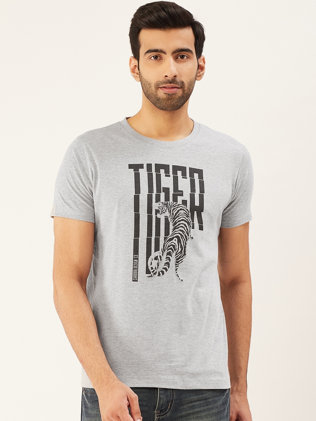 

THE CHAMBAL Men Grey Melange Black Printed Round Neck Pure Cotton T-shirt