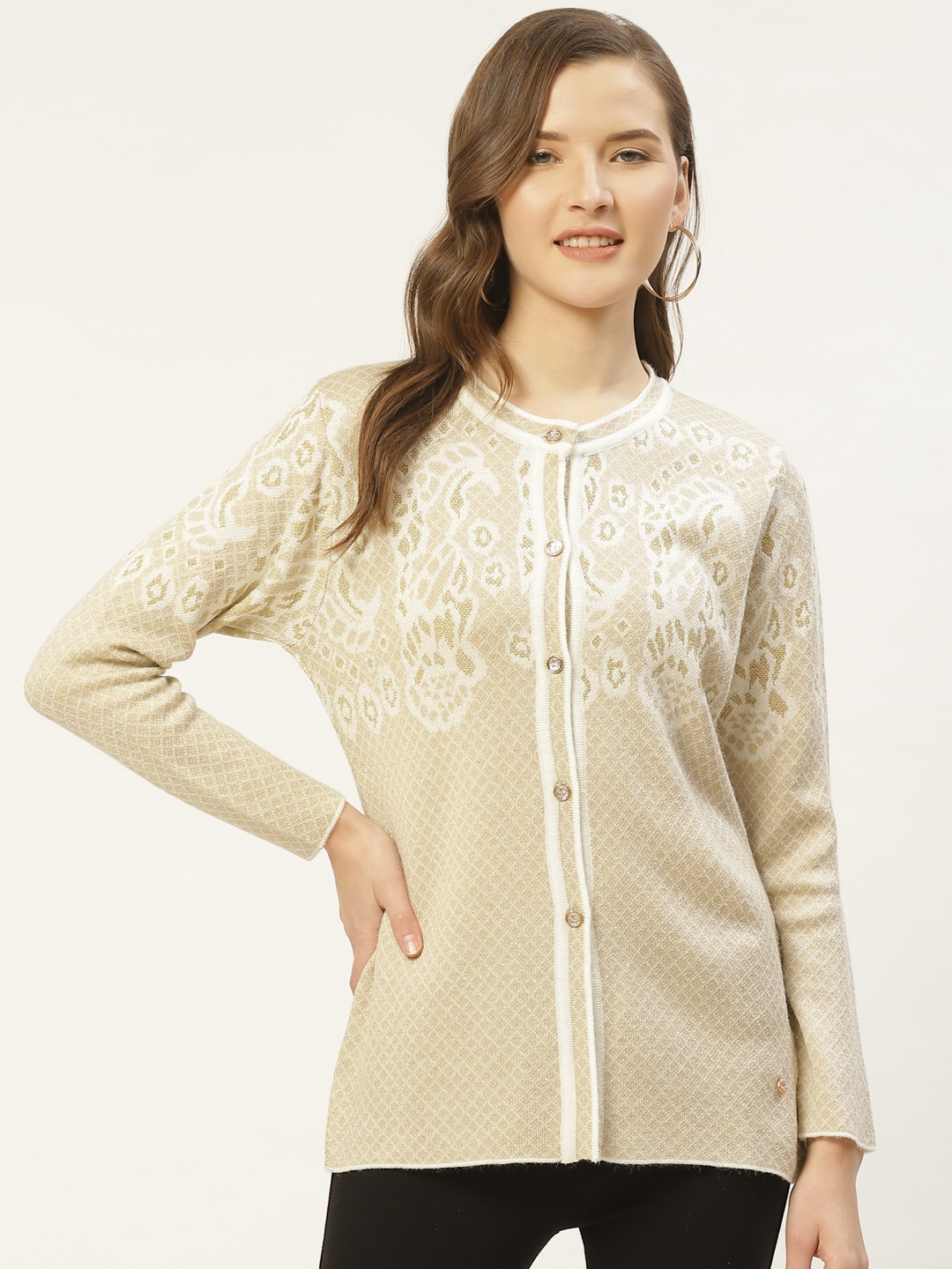 

Duke Women Beige & White Self Design Cardigan