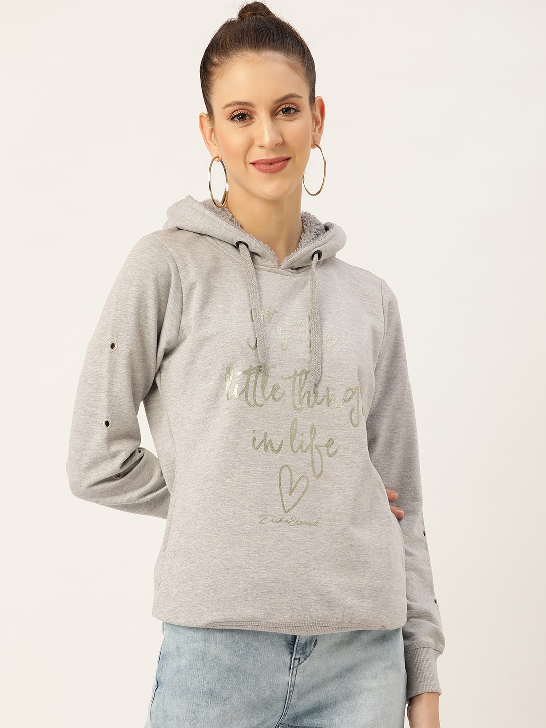 

Duke Women Grey Melange Solid Hooded Sweatshirt with Printed Detail
