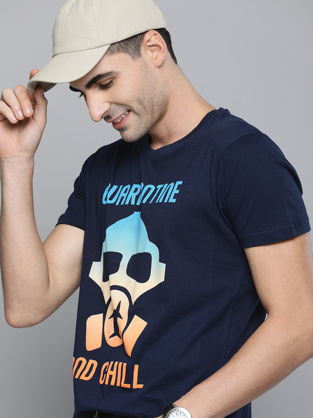 

HERENOW Men Navy Blue Quarantine Printed Round Neck Pure Cotton T-shirt