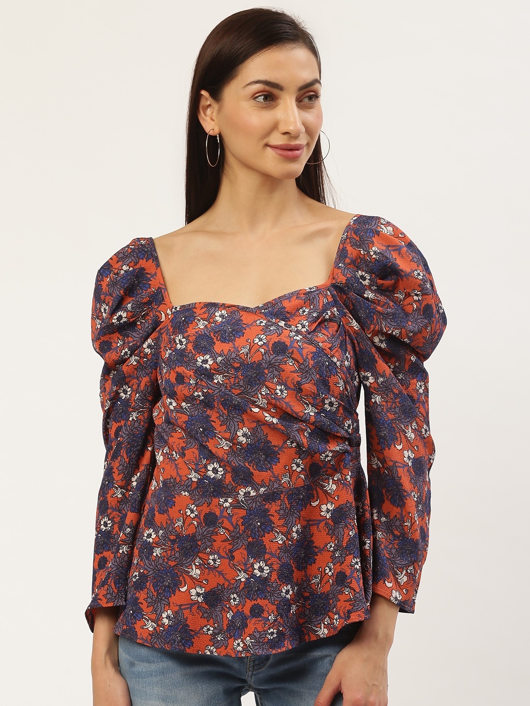 

Antheaa Women Rust Orange & Navy Blue Floral Printed Wrap Top