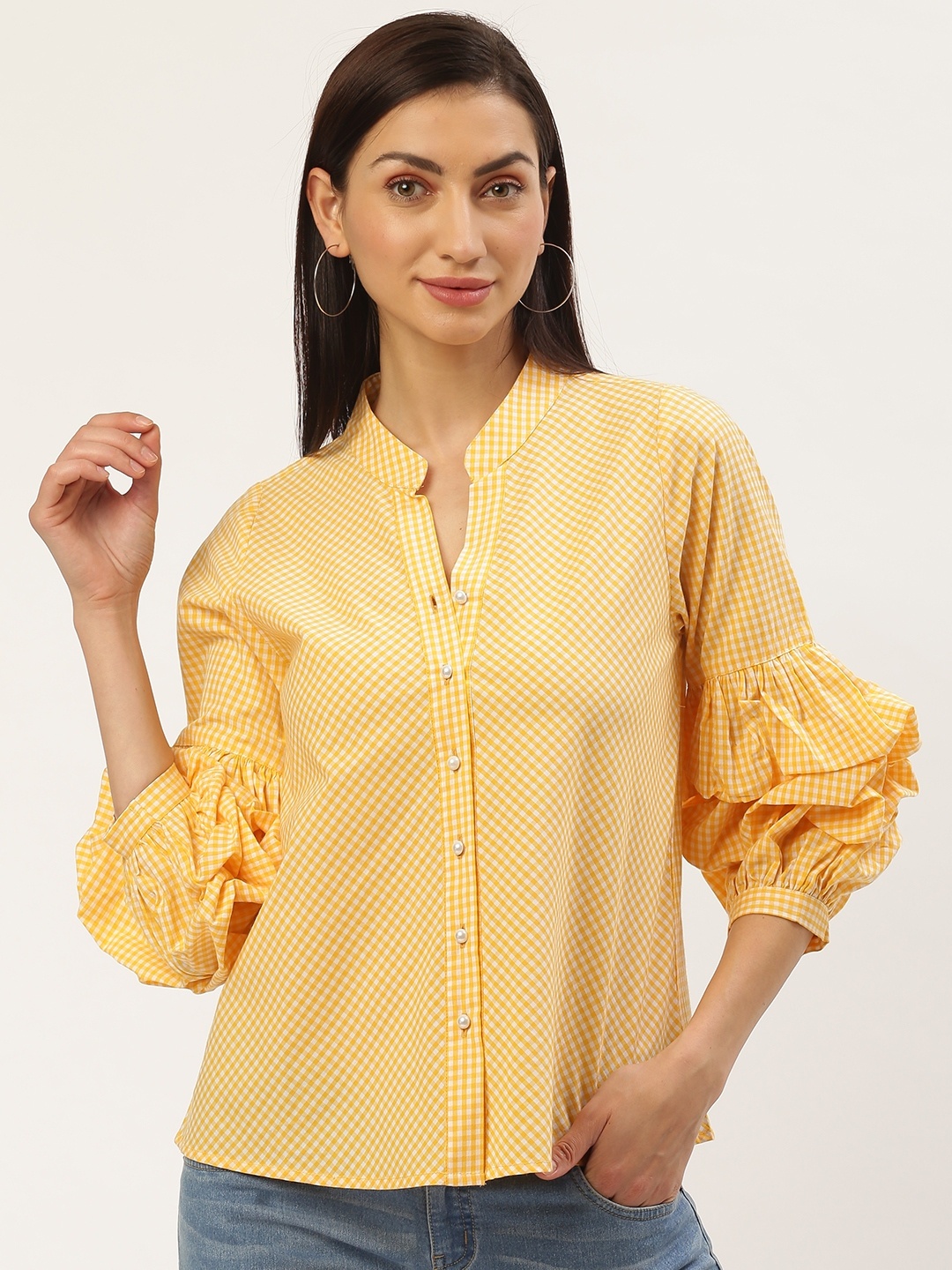 

Antheaa Women Yellow & White Regular Fit Checked Casual Shirt