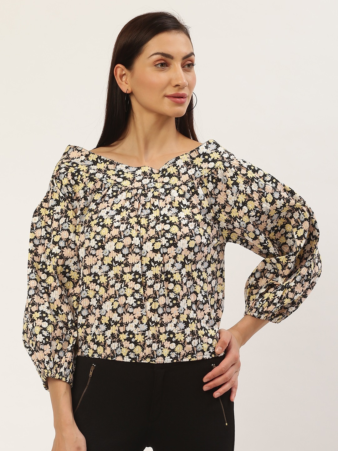 

Antheaa Women Black & Yellow Floral Printed Blouson Pure Cotton Top