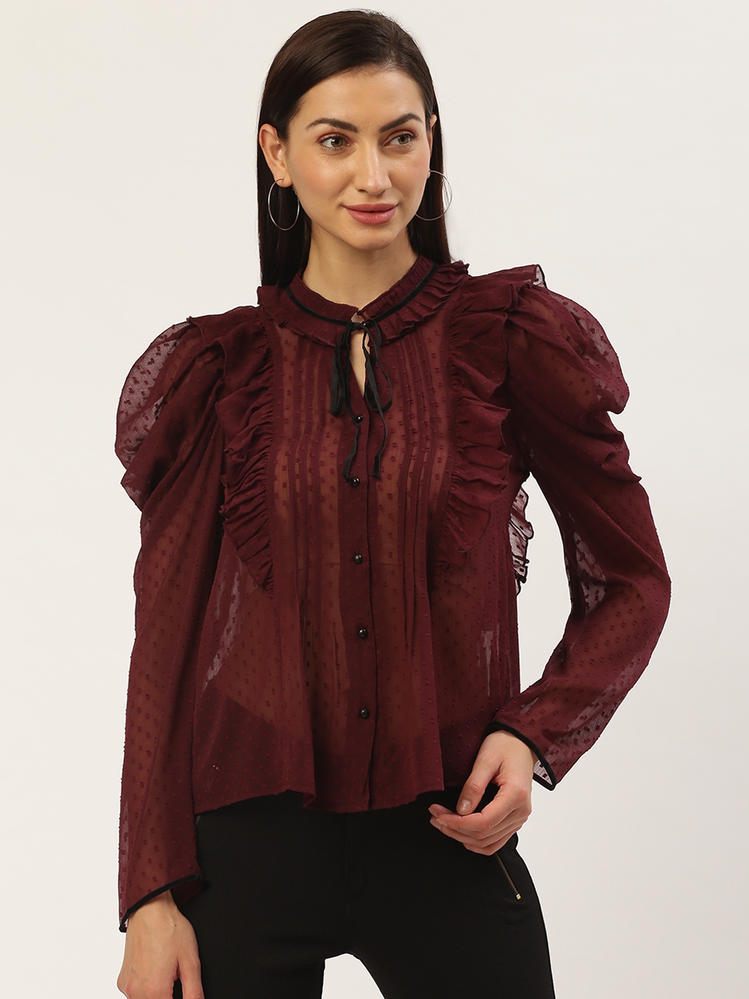 

Antheaa Women Burgundy Self Design Semi-Sheer Top