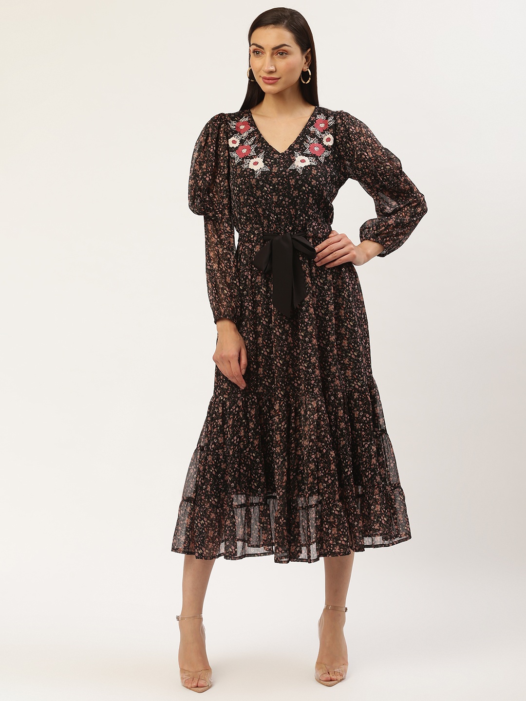 

Antheaa Women Black & Pink Floral Printed A-Line Dress