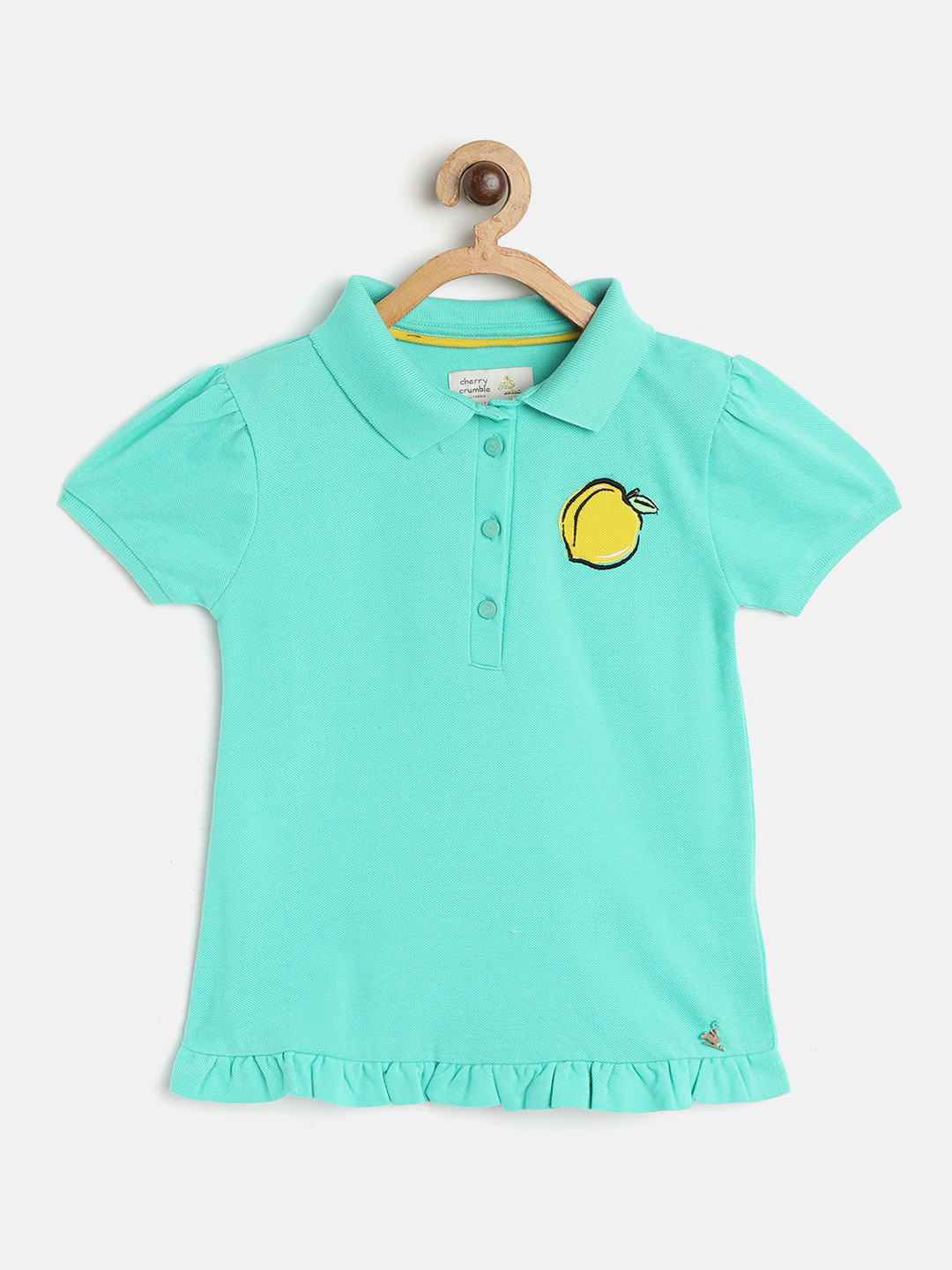 

Cherry Crumble Girls Sea Green Solid Polo Collar T-shirt with Apricot Applique Detail