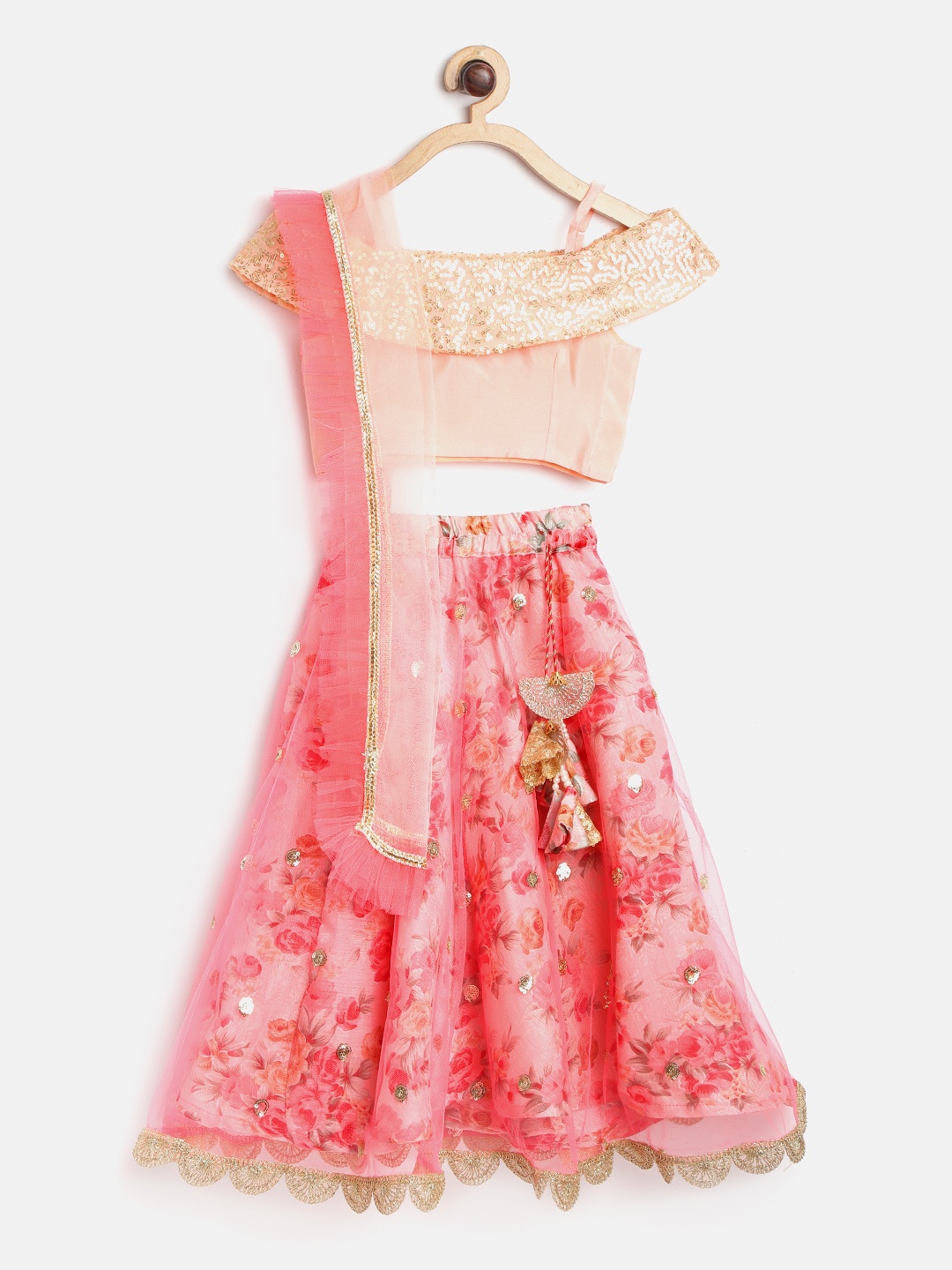 

pspeaches Girls Pink & Gold-Toned Embellished Ready to Wear Lehenga & Blouse with Dupatta