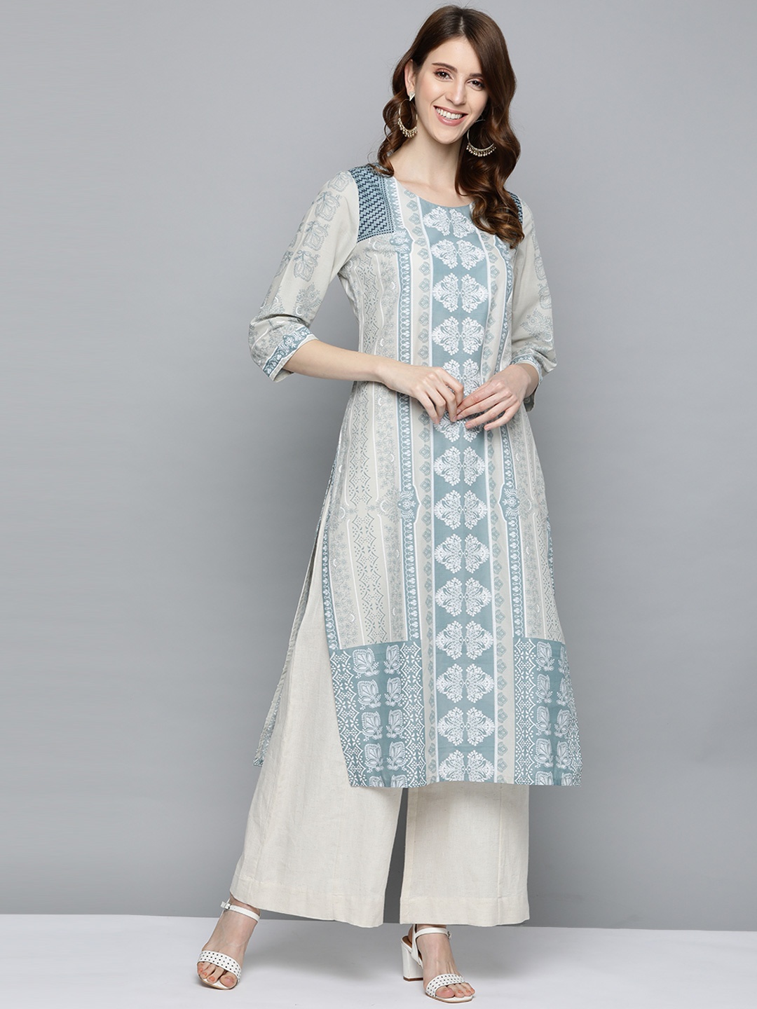 

HERE&NOW Women Grey & Blue Printed Straight Kurta