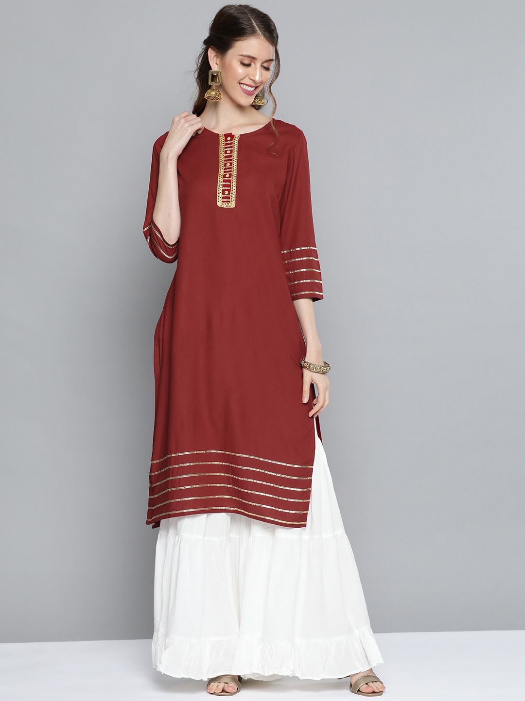 

HERE&NOW Women Maroon & Golden Yoke Design Straight Kurta