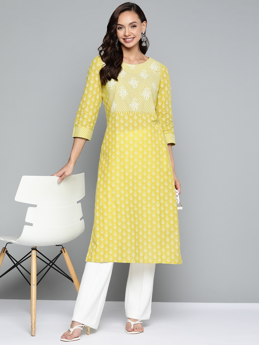 

HERE&NOW Women Yellow Pure Cotton Ethnic Motifs Printed Kurta
