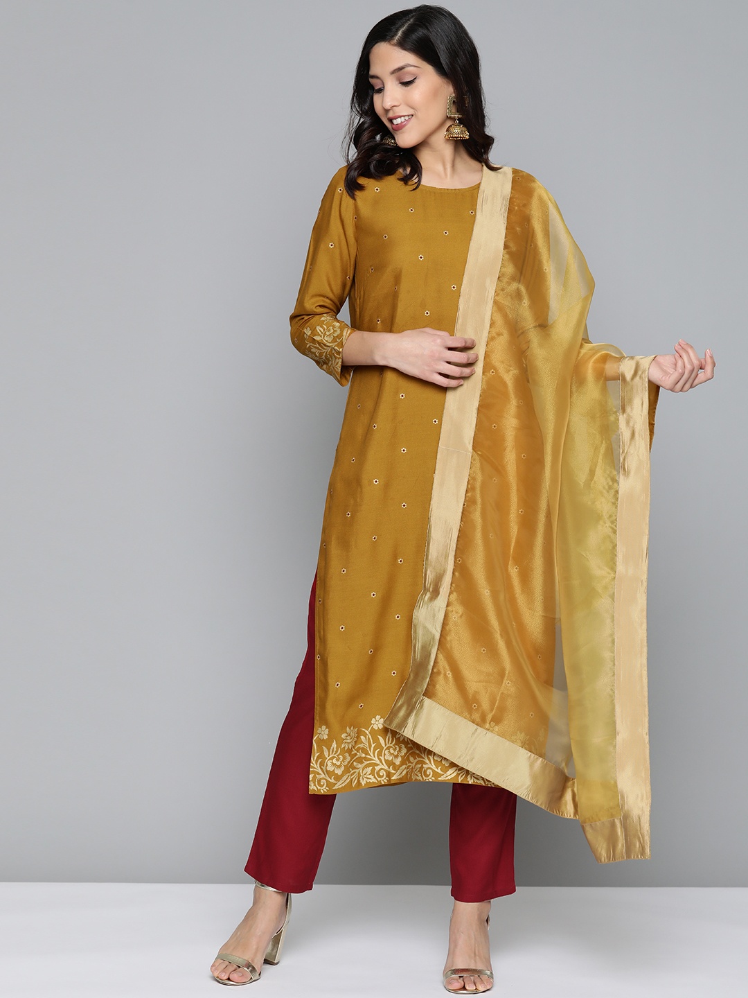 

HERE&NOW Women Mustard Brown & Maroon Printed Kurta with Trousers & Dupatta